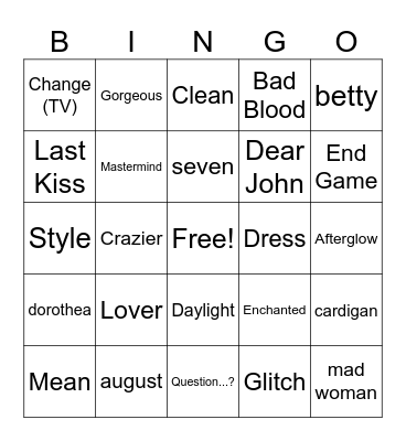 Taylor Swift Bingo Card