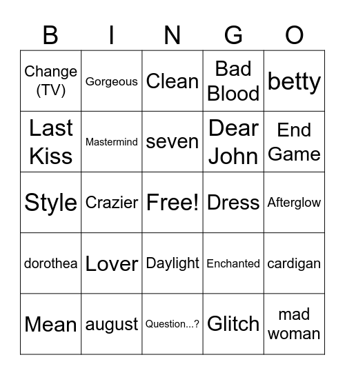 Taylor Swift Bingo Card