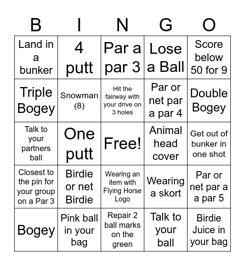 9 hole Golf Bingo Card