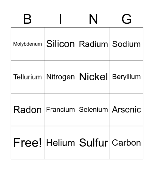 Periodic Table Bingo Card