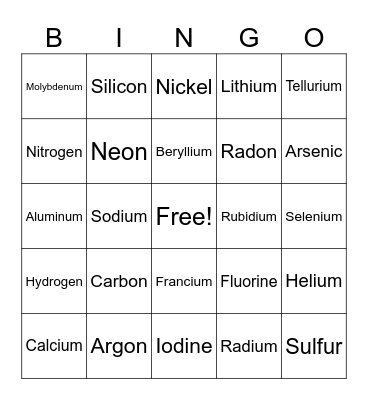 Periodic Table Bingo Card