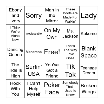 Billboard #1 Songs Bingo Card