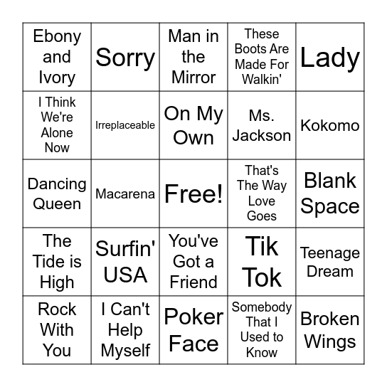 Billboard #1 Songs Bingo Card