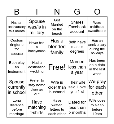 Marriage Night Bingo Card