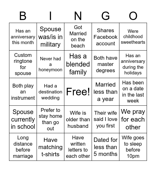 Marriage Night Bingo Card