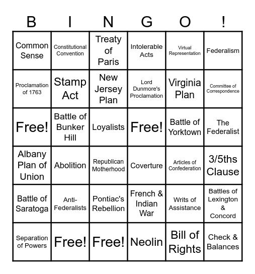 Unit 2 - Revolution & Constitution Bingo Card