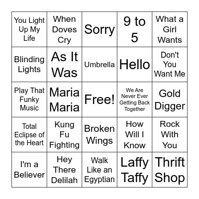 Billboard #1 Songs Bingo Card
