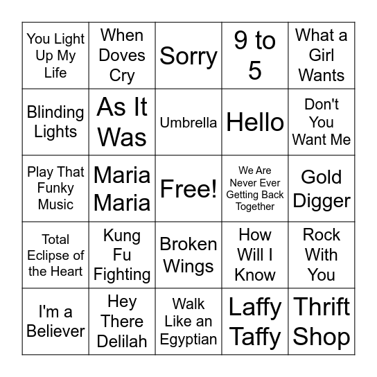 Billboard #1 Songs Bingo Card