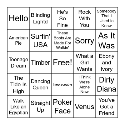 Billboard #1 Songs Bingo Card