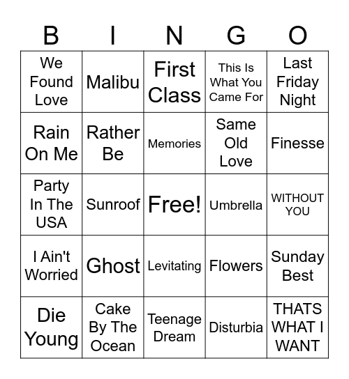 Dance Hits Bingo Card