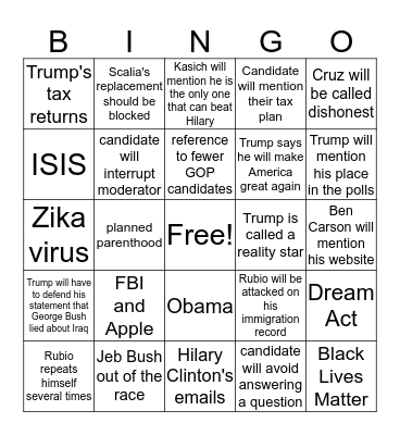2/25 GOP Debate Bingo Card