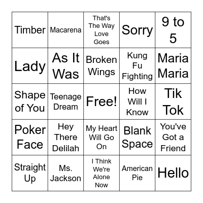 Billboard #1 Songs Bingo Card