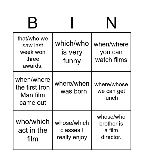 Defining relative clauses Bingo Card