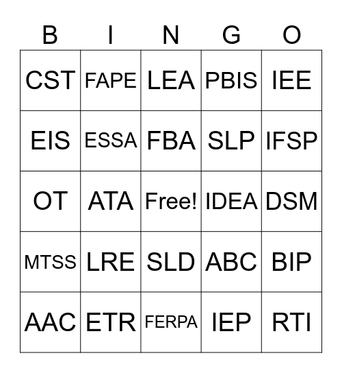 Acronyms Bingo Card