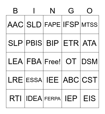 Acronyms Bingo Card