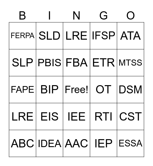 Acronyms Bingo Card