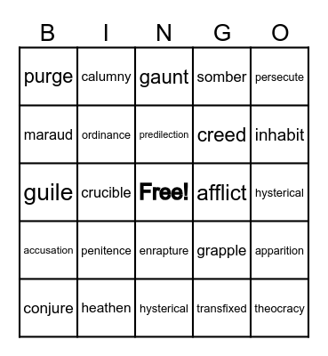 "The Crucible" Vocabulary Bingo Card