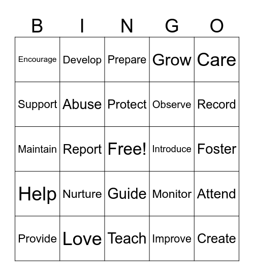 Child care and Protection Bingo Card