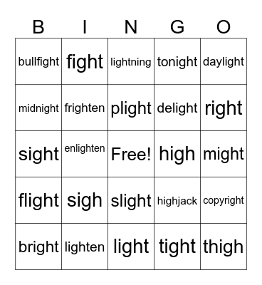 igh words Bingo Card