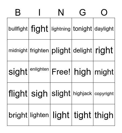 igh words Bingo Card