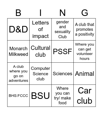 Club Fair Bingo Card Bingo Card
