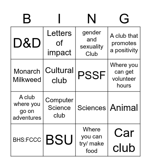 Club Fair Bingo Card Bingo Card