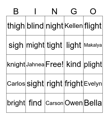 ind/igh/ight Bingo Card