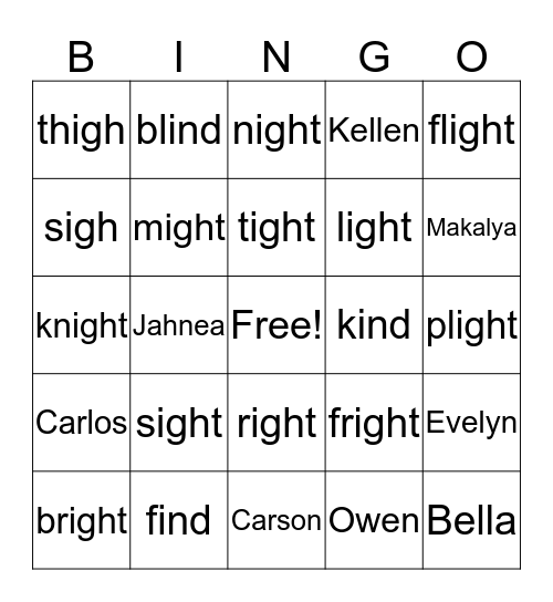 ind/igh/ight Bingo Card