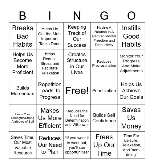 Daily Routine Benefits Bingo Card