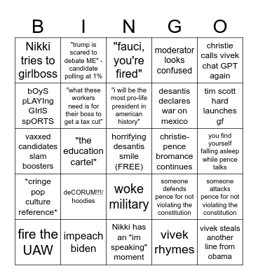 GOP Debate Bingo Card