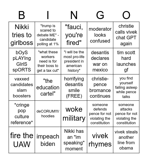 GOP Debate Bingo Card