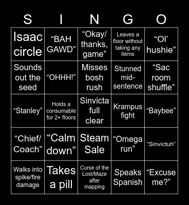 The New Sinvicta Bingo Card