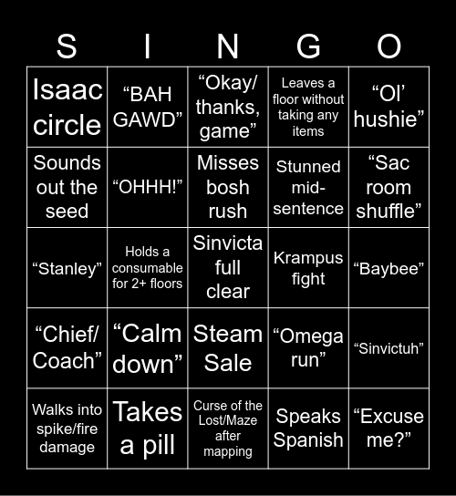 The New Sinvicta Bingo Card