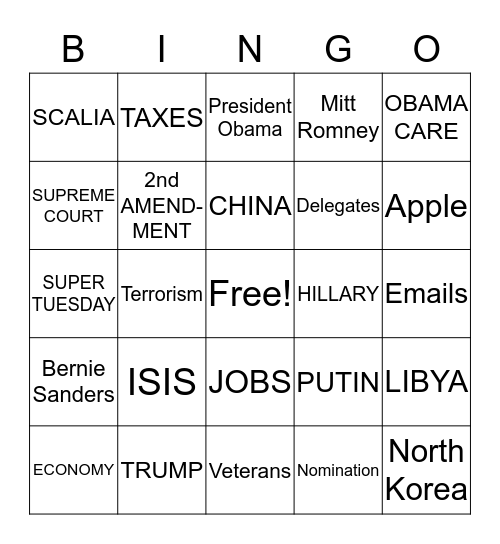 Repubican Debate Bingo Card