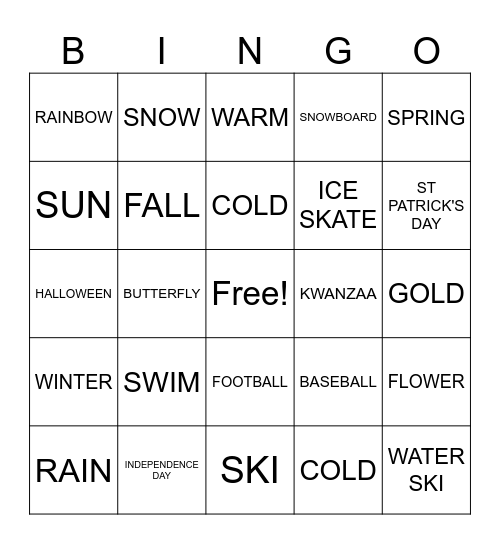 Seasons and Weather Bingo Card