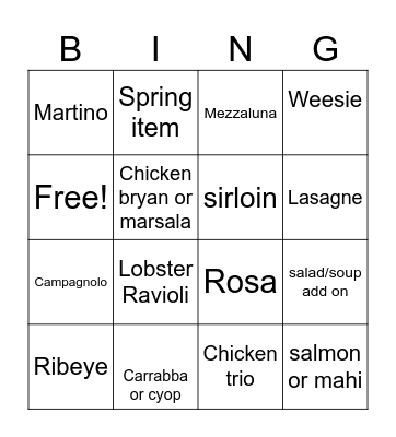 Take Home Bingo Card