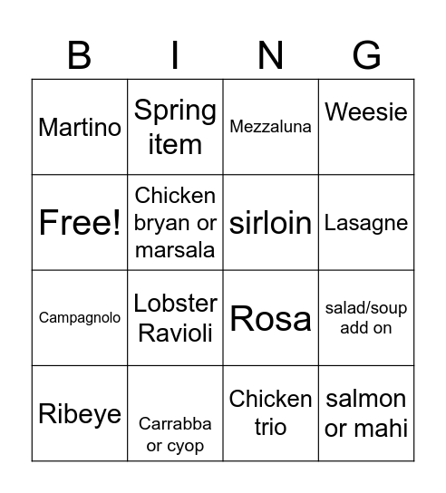 Take Home Bingo Card