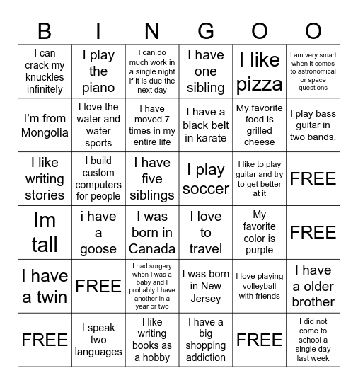 Creative Writing BINGO Card