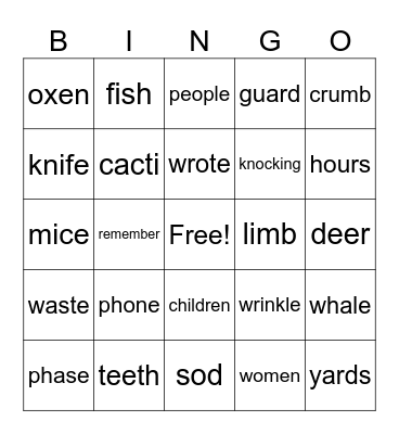 Spelling Bingo Card