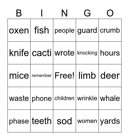 Spelling Bingo Card