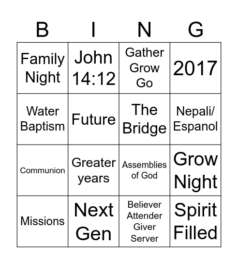 Greater Life Bingo Card