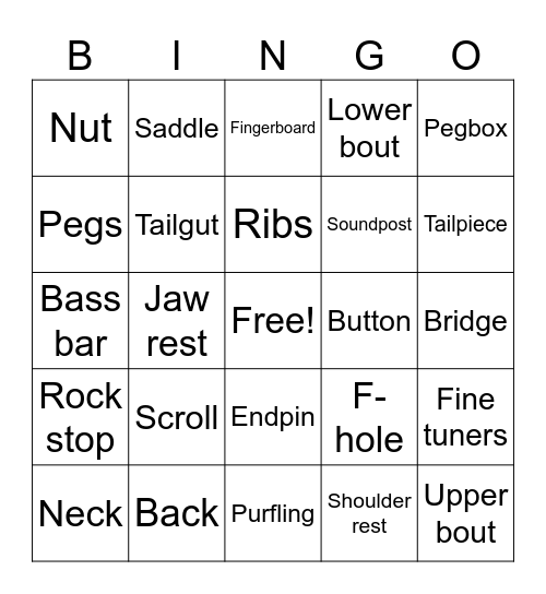 Instrument parts Bingo Card
