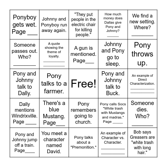 The Outsiders Chapter 4 BINGO Card