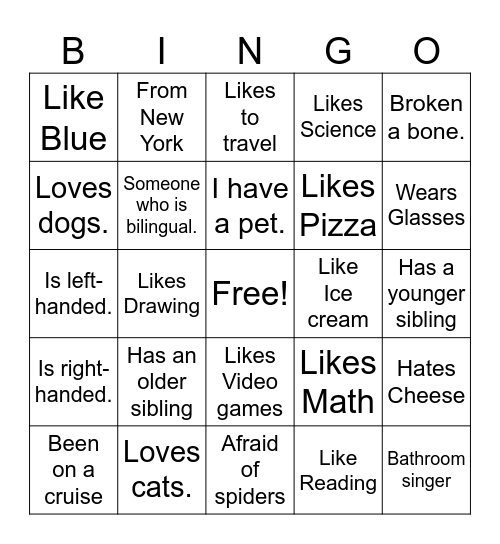 Get to know me BINGO Card