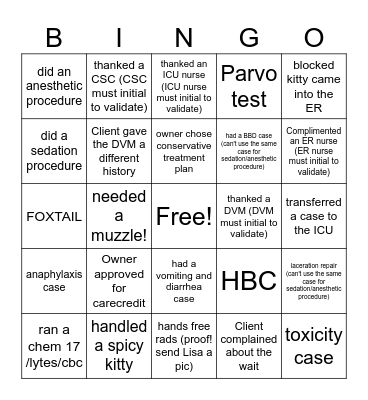 ER Bingo Card