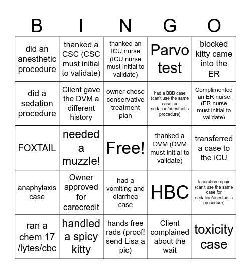 ER Bingo Card