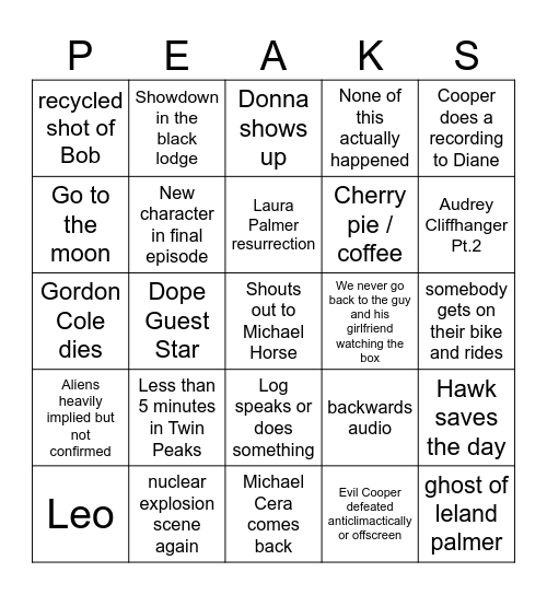 Twin Peaks Finale Bingo Card