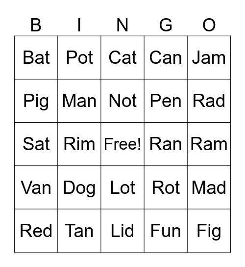CVC Words Bingo Card