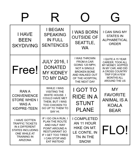 PROGO Bingo Card