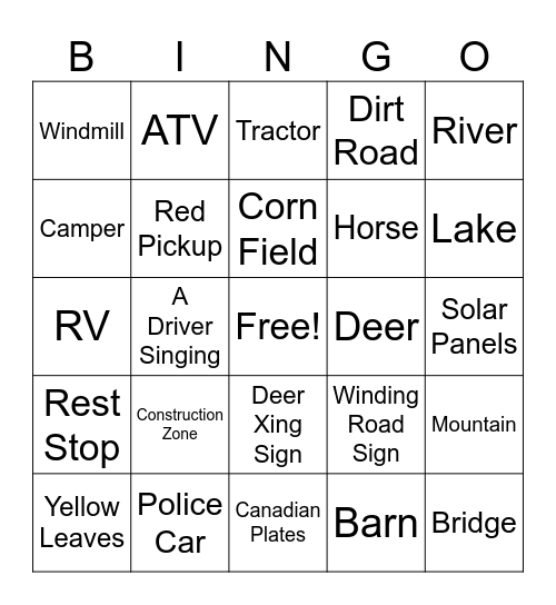 Family Road Trip Bingo Card